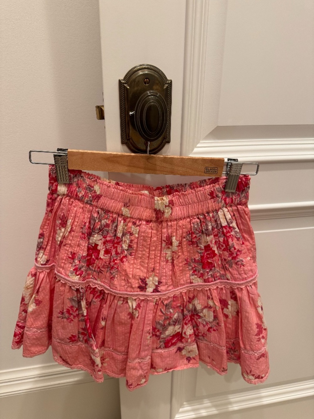 LoveShackFancy Pink Floral Tiered Mini Skirt